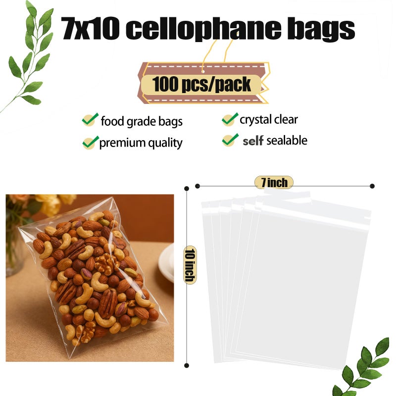 NObranded 100 pcs Clear 7" x 10" Self Seal Cello Cellophane Bags Resealable Poly Bags 2.8 mils for Cookie, Candy, Gift Bakery, Prints, Photos, Cards , Party - Image 2